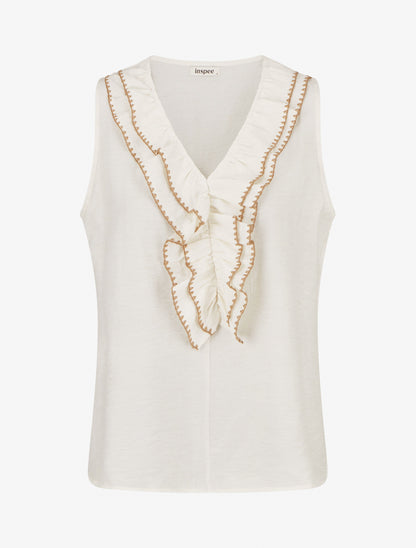 Top sans manches à col V volanté - Écru - 1
