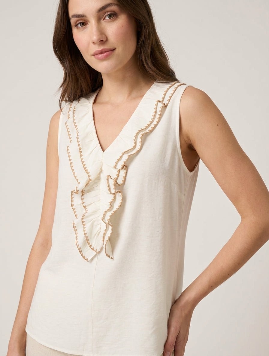 Mouwloze top met volantkraag en V-hals - Ecru