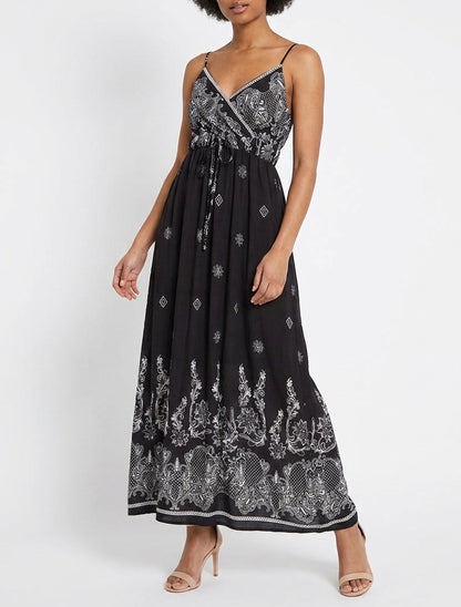 Lange jurk met bloemen arabeskenprint - Zwart