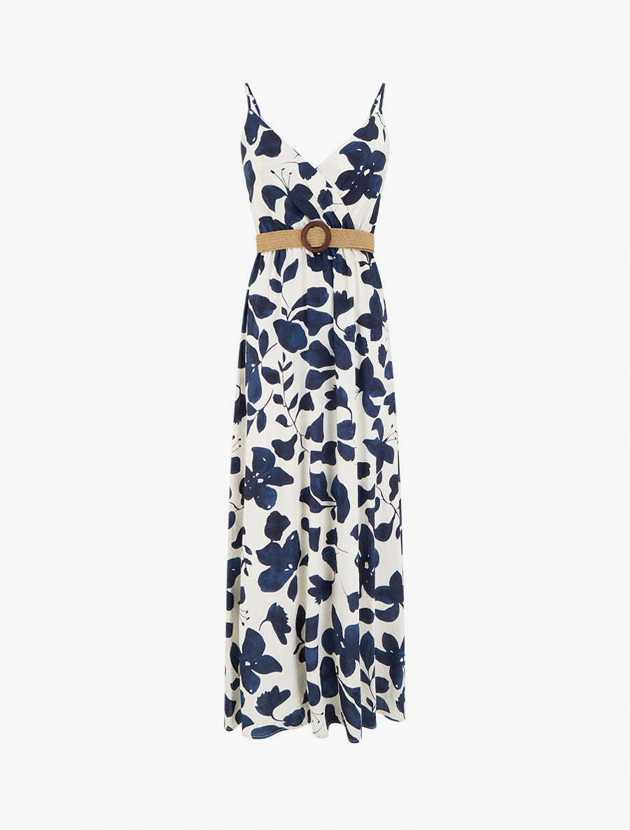 Robe longue évasée imprimé grandes fleurs - Marine - 1