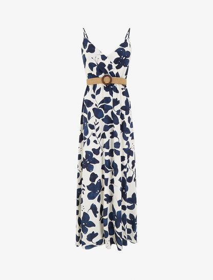 Robe longue évasée imprimé grandes fleurs - Marine - 1