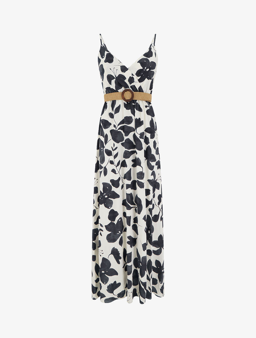 Robe longue évasée imprimé grandes fleurs - Noir - 1