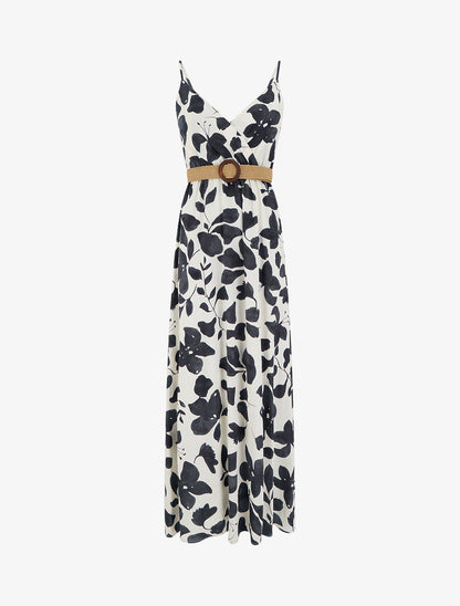 Robe longue évasée imprimé grandes fleurs - Noir - 1