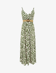 Robe longue évasée imprimé courbes fantaisies - Kaki - 1