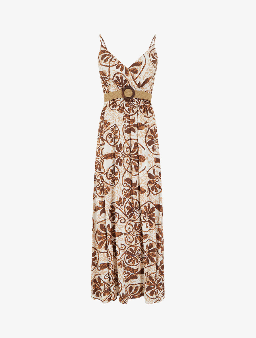 Robe longue évasée imprimé arabesques stylisés - Marron - 1