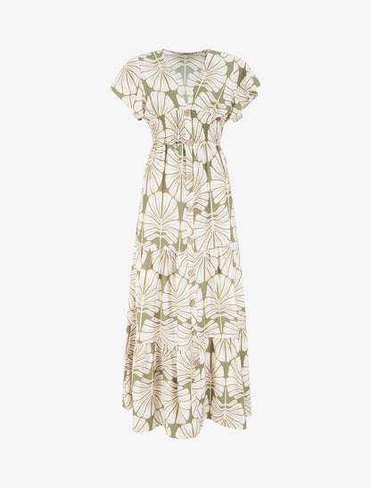 Robe longue manches courtes imprimé grandes feuilles - Kaki - 1