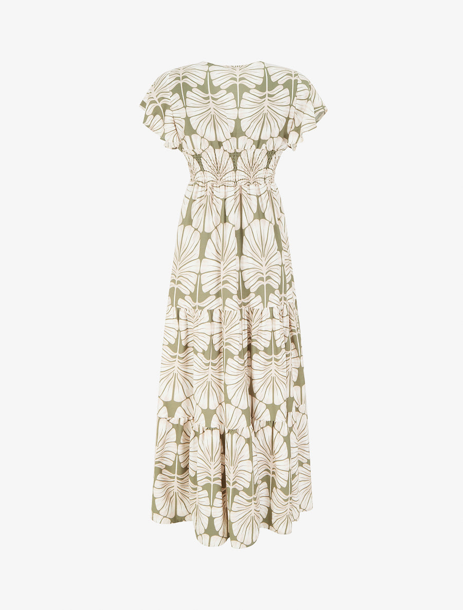 Robe longue manches courtes imprimé grandes feuilles - Kaki - 2