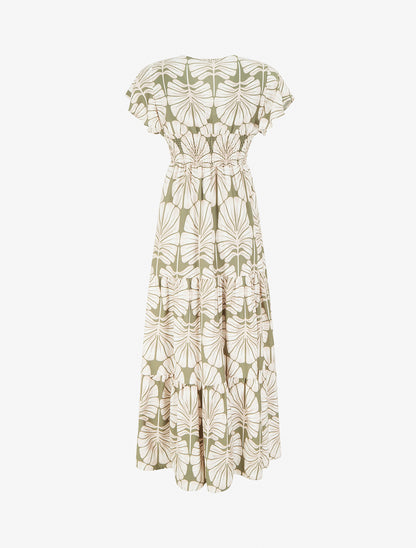Robe longue manches courtes imprimé grandes feuilles - Kaki - 2