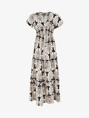 Robe longue manches courtes imprimé grandes feuilles - Noir - 1