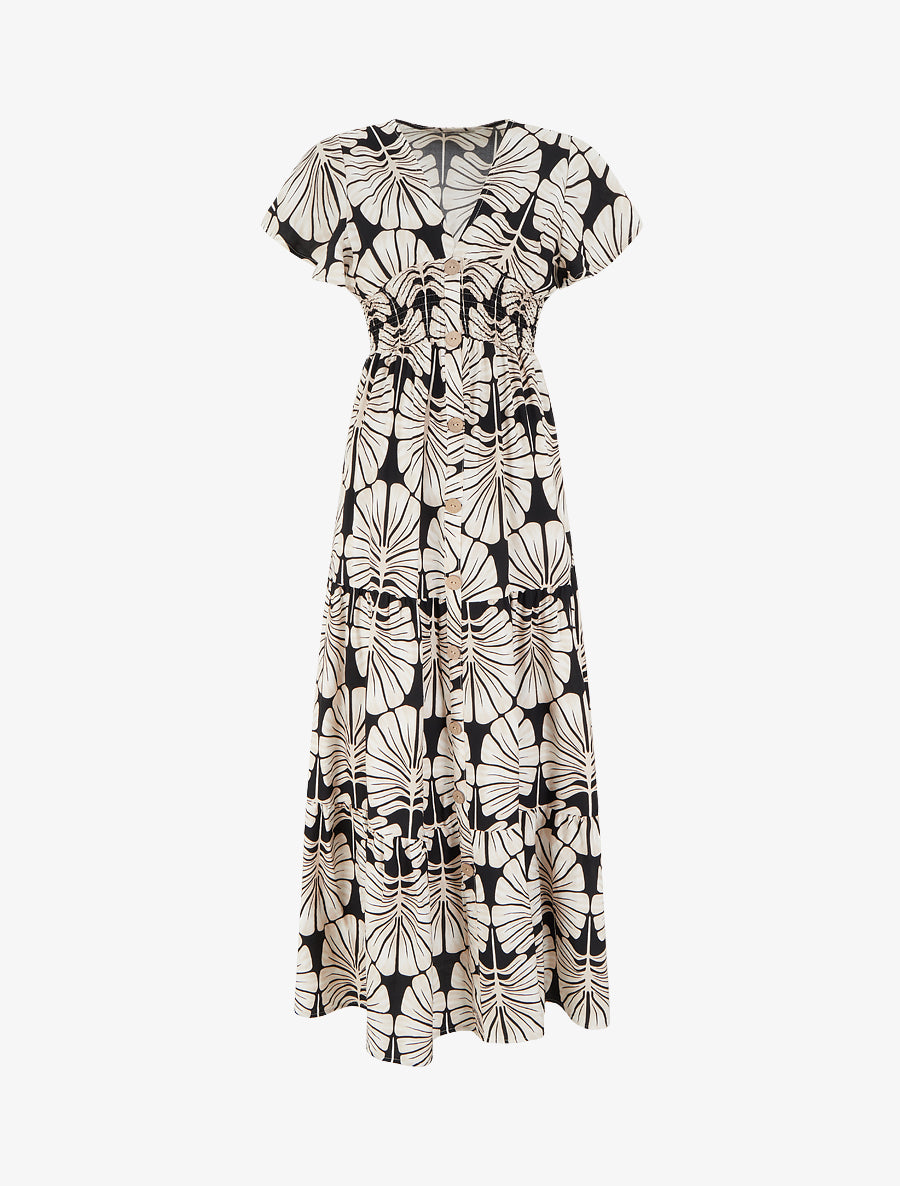 Robe longue manches courtes imprimé grandes feuilles - Noir - 1