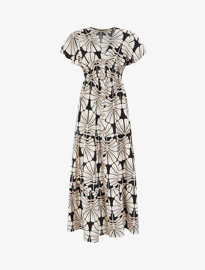 Robe longue manches courtes imprimé grandes feuilles - Noir - 1