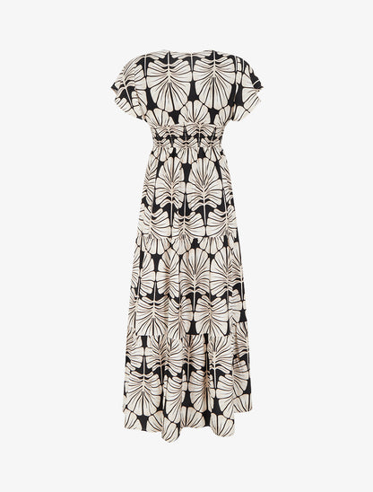 Robe longue manches courtes imprimé grandes feuilles - Noir - 2