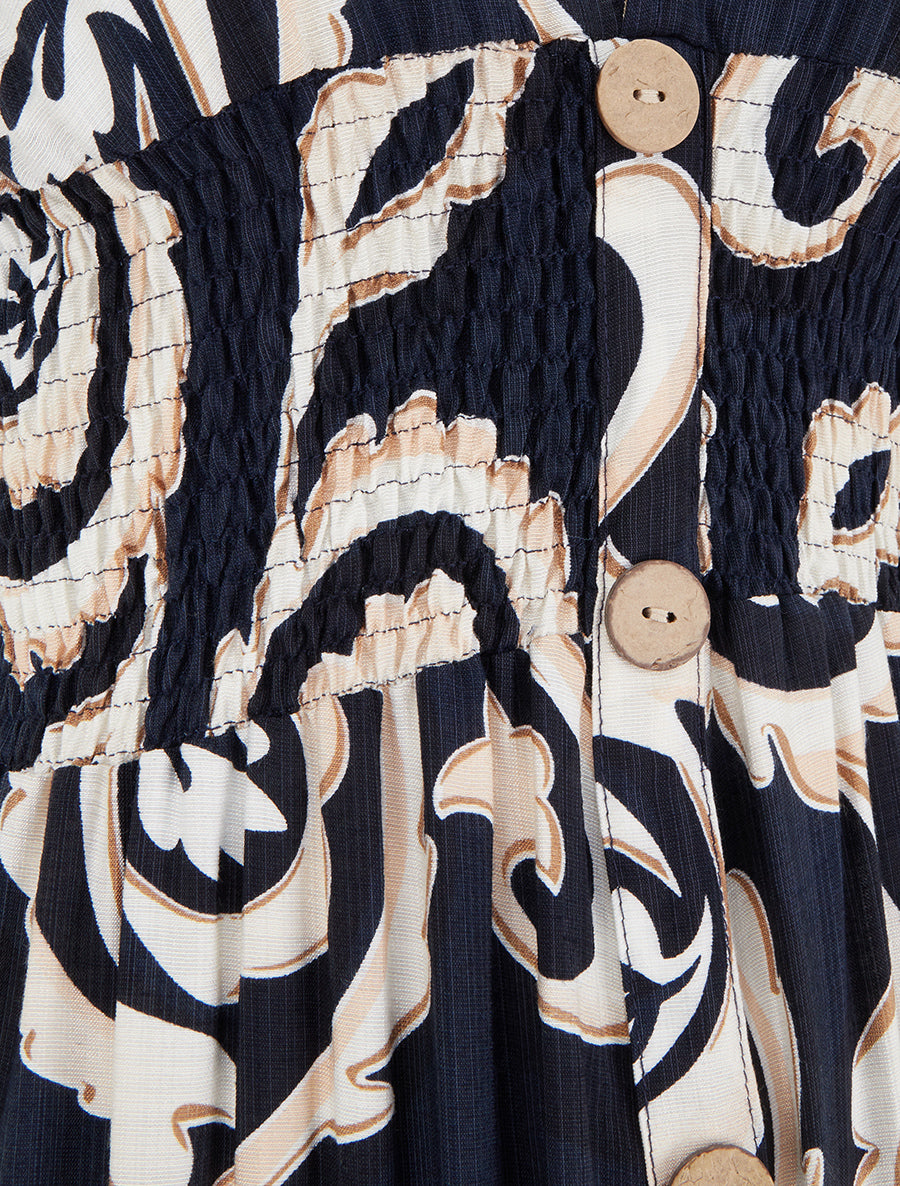 Robe longue manches courtes imprimé cachemire stylisé - Marine - 3