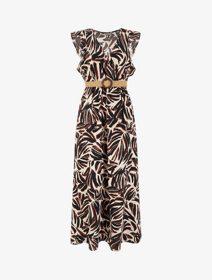 Robe longue imprimé fantaisie à col cache-coeur - Marron - 1