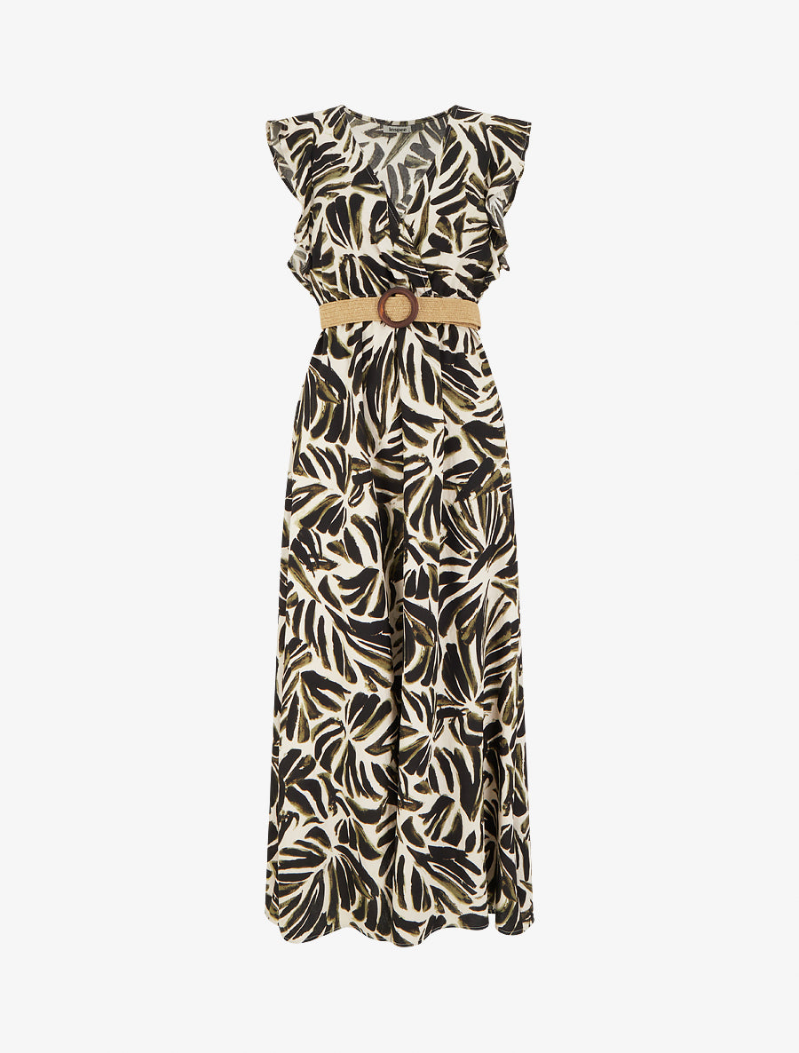 Robe longue imprimé fantaisie à col cache-coeur - Kaki - 1