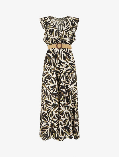 Robe longue imprimé fantaisie à col cache-coeur - Kaki - 1