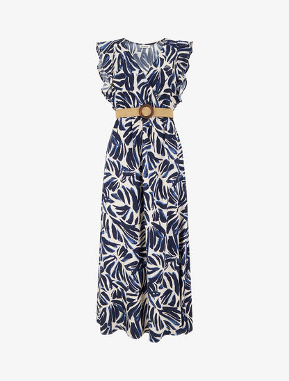 Robe longue imprimé fantaisie à col cache-coeur - Marine - 1
