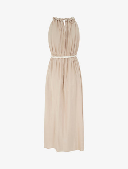 Robe longue unie à col rond stylisé - Taupe - 2