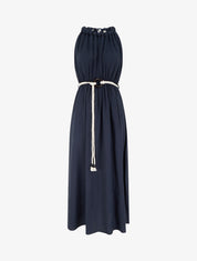 Robe longue unie à col rond stylisé - Marine - 1