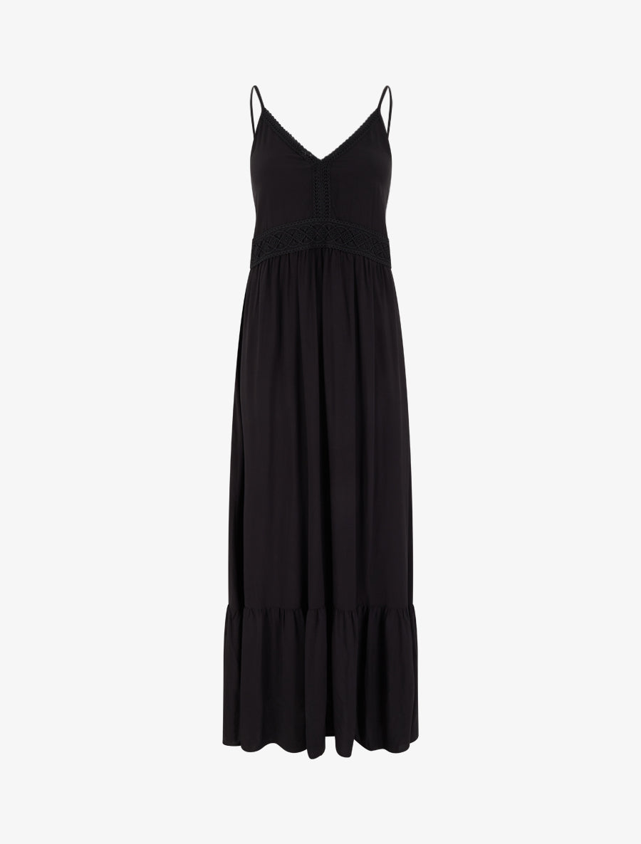 Robe longue unie à taille en dentelle - Noir - 1