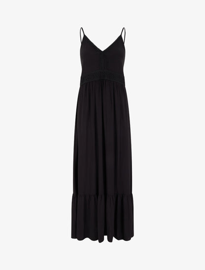 Robe longue unie à taille en dentelle - Noir - 1