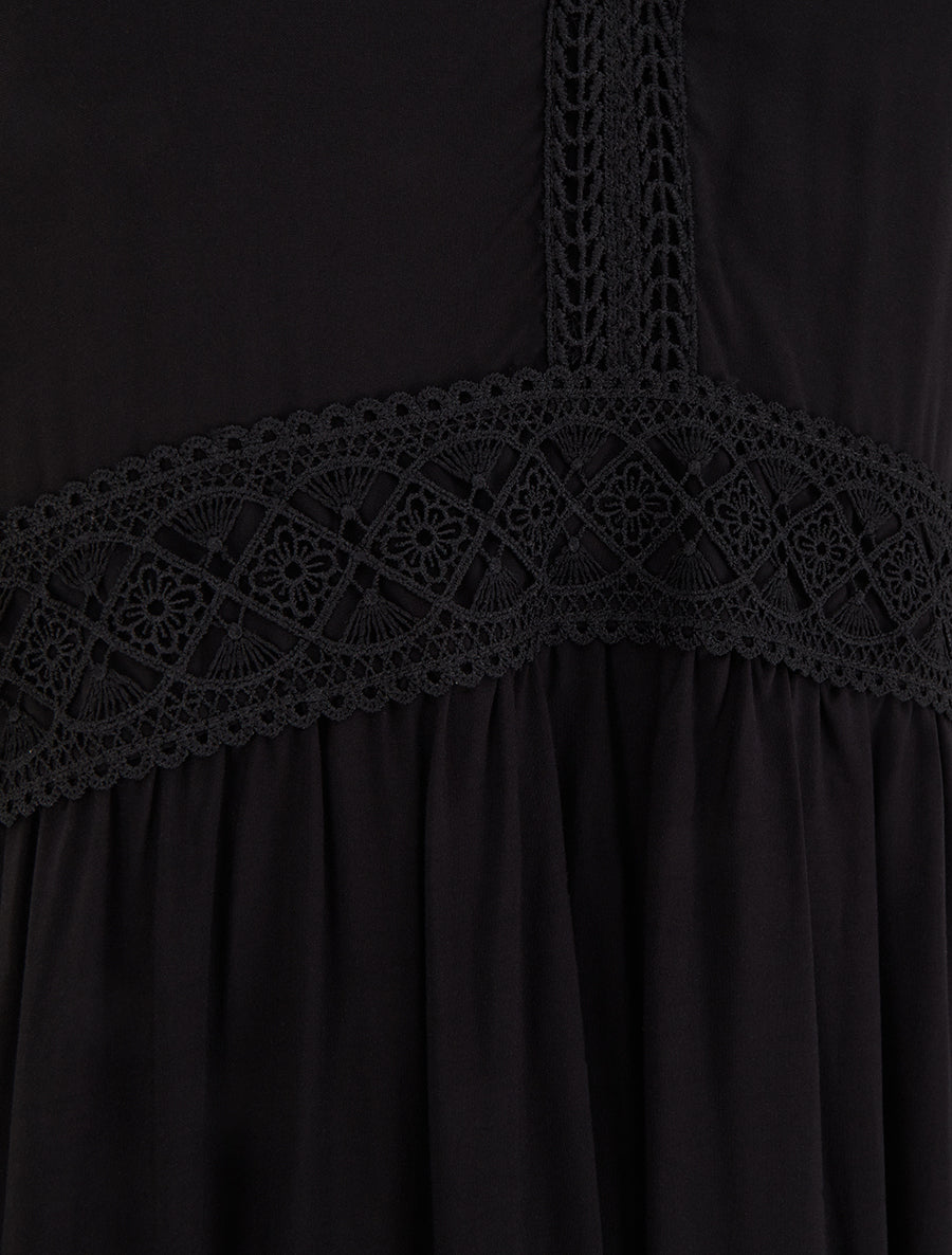 Robe longue unie à taille en dentelle - Noir - 3