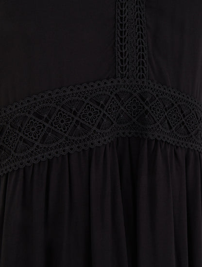 Robe longue unie à taille en dentelle - Noir - 3