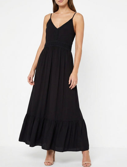 Lange effen jurk met kanten taille - Zwart