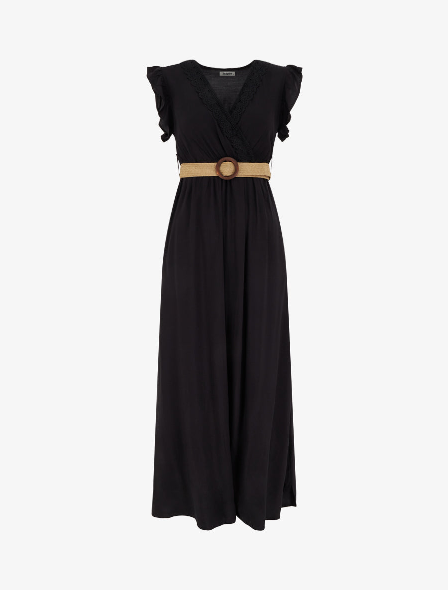 Robe longue unie à col cache-coeur - Noir - 1