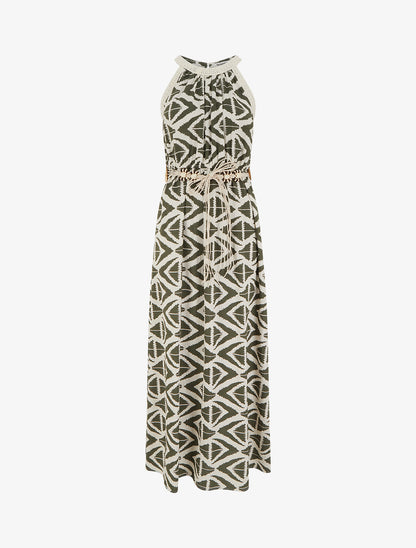 Robe longue à col américain imprimé graphique - Kaki - 1