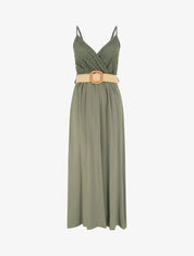 Robe longue unie à buste en dentelle - Kaki - 1