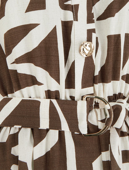 Robe longue imprimé stylisé à boutons décoratifs - Marron - 3