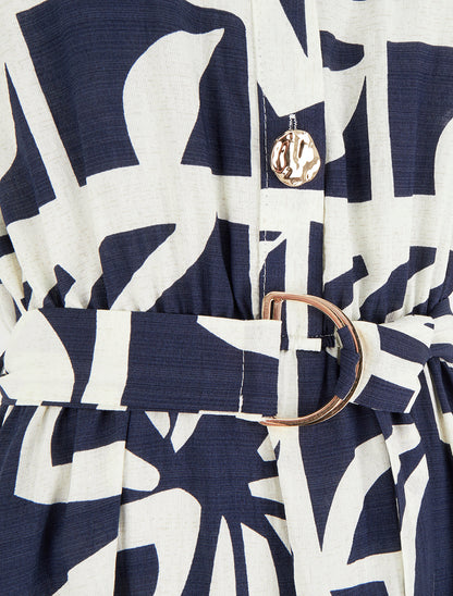 Robe longue imprimé stylisé à boutons décoratifs - Marine - 3