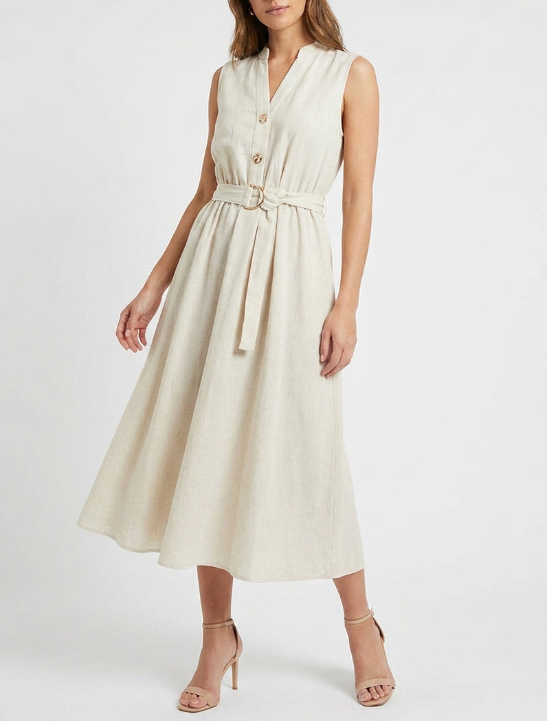 Effen lange jurk met linnen effect - Beige