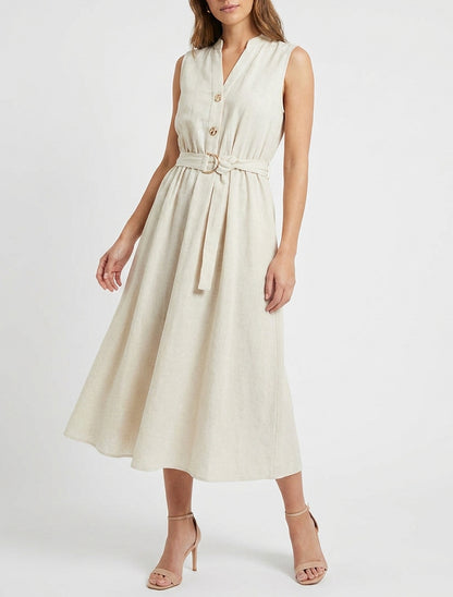 Effen lange jurk met linnen effect - Beige