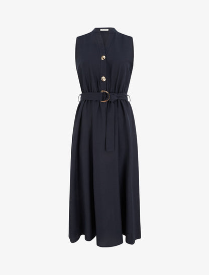 Robe longue unie effet lin - Marine - 1