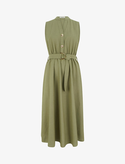 Robe longue unie effet lin - Kaki - 1