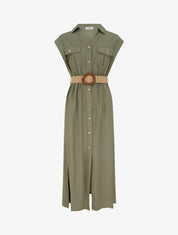 Robe longue unie boutonnée - Kaki - 1