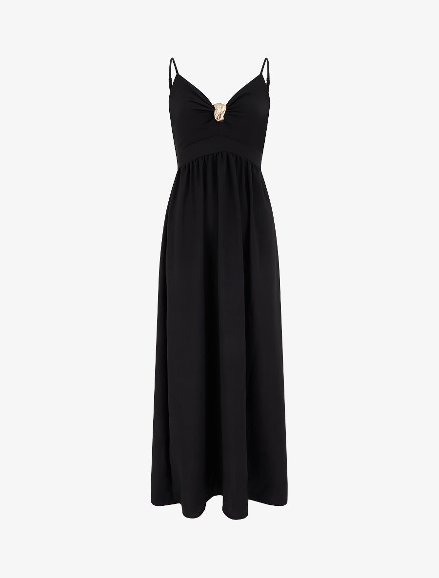 Robe longue unie à col V bijou - Noir - 1