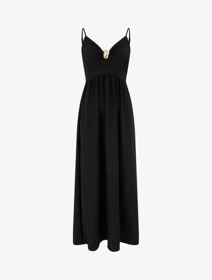 Robe longue unie à col V bijou - Noir - 1