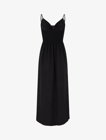 Robe longue unie à col V bijou - Noir - 2