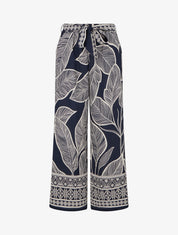 Pantalon élastiqué coupe droite imprimé feuilles stylisées - Marine - 1