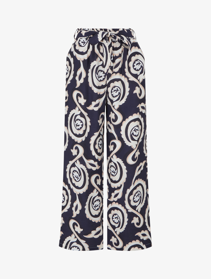 Pantalon élastiqué coupe droite imprimé arabesque - Marine - 1