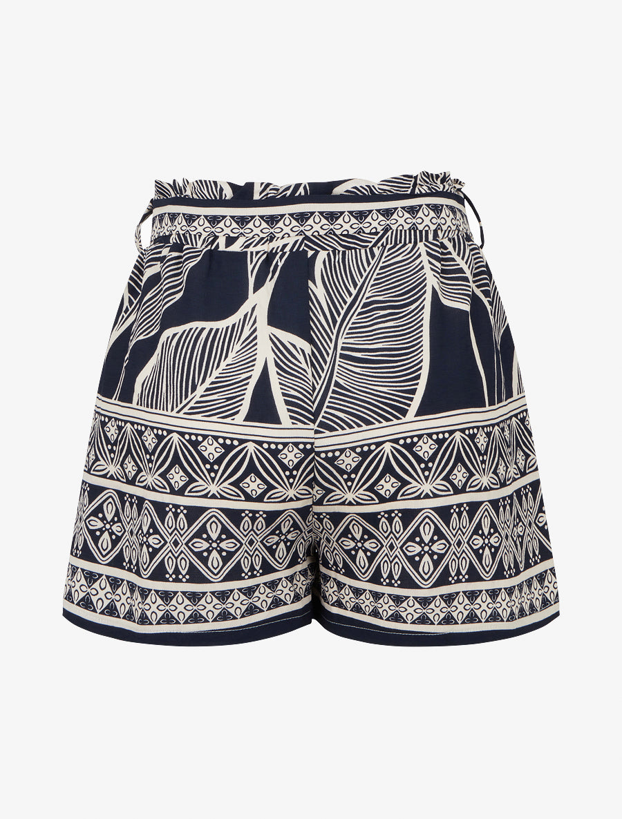 Short droit élastiqué imprimé feuilles stylisées - Marine - 2
