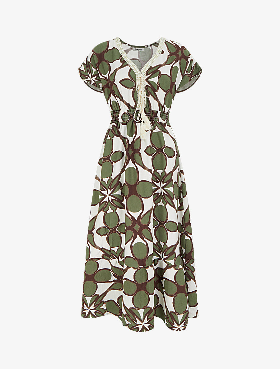 Robe à imprimé fantaisie et col en crochet - Kaki - 1