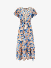 Robe à imprimé stylisé et col en crochet - Bleu - 1