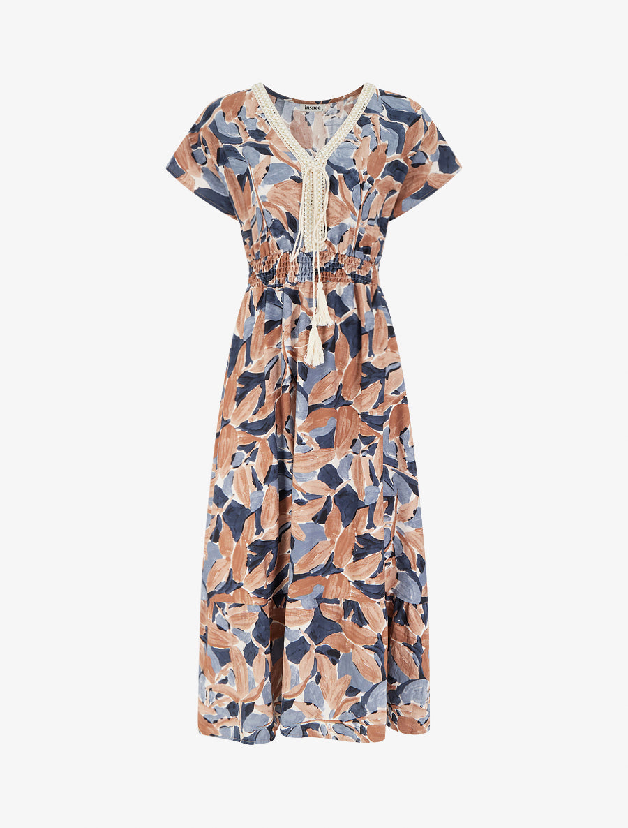 Robe à imprimé stylisé et col en crochet - Marine - 1