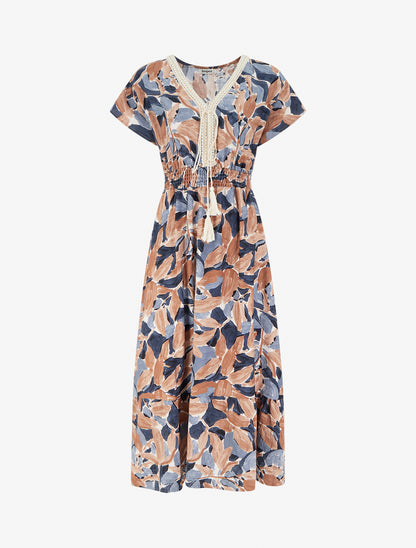 Robe à imprimé stylisé et col en crochet - Marine - 1