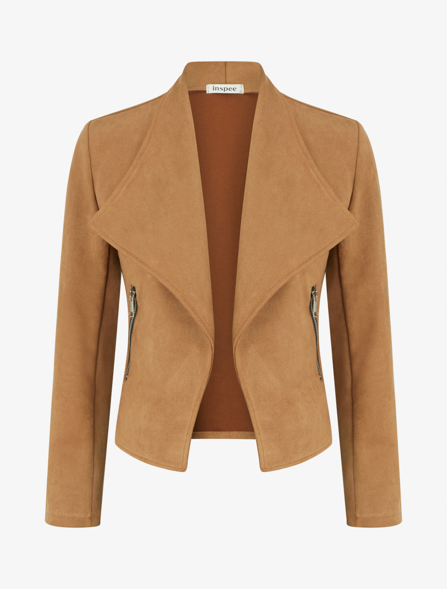 Suède jasje met decoratieve ritszakken - Kameel