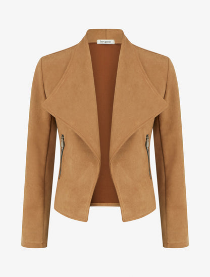 Suède jasje met decoratieve ritszakken - Kameel
